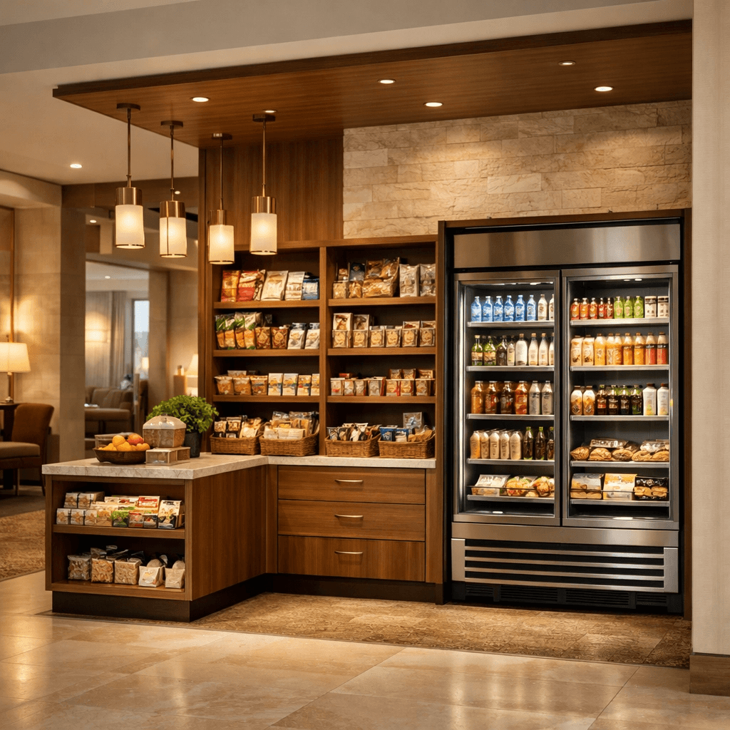 Premium hotel lobby market with self-serve drinks and snacks